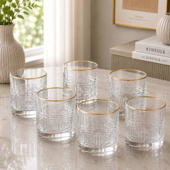 Luxe Gold Rim Greek Key Crystal Glass Tumbler Set – 6 Pieces