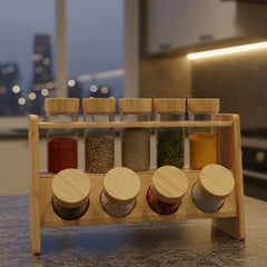 9 Pcs Spice Set – Glass Jars with Wooden Stand