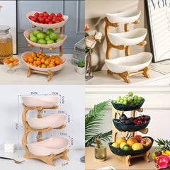 3-Tier Ceramic Bowl with Wooden Stand | Multi-Purpose Fruit & Snack Organizer