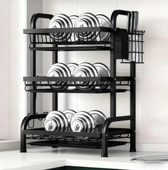 Metallic 3-Tier Dish & Plate Rack with Cutlery Holder – Heavy Duty Kitchen Organizer