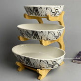 3-Tier Ceramic Serving Platter with Wooden Stand – Elegant Snack & Dessert Display