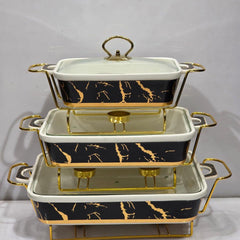 3 Pieces Luxury Ceramic Buffet Serving Dishes Set with Gold Stand & Glass Lid
