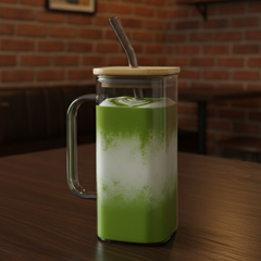 Square Glass Tumbler & Straw with Wooden Airtight Lid