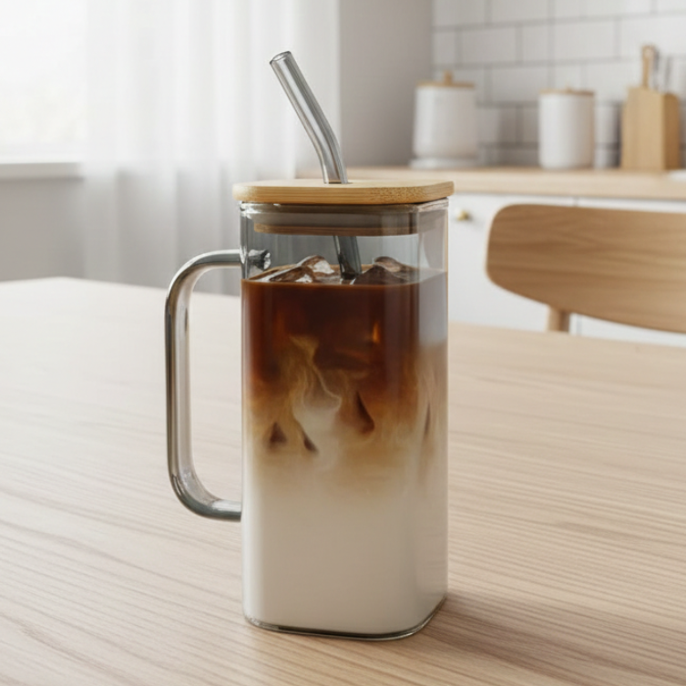 Square Glass Tumbler & Straw with Wooden Airtight Lid