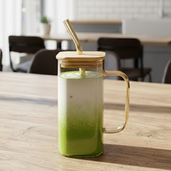 Square Glass Tumbler & Straw with Wooden Airtight Lid