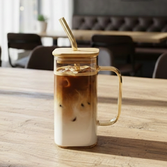 Square Glass Tumbler & Straw with Wooden Airtight Lid