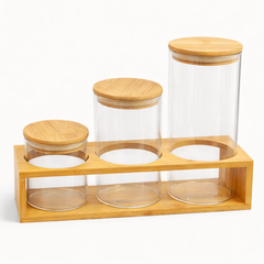 3 Pcs Spice Set – Air-Tight Glass Jars with Wooden Stand