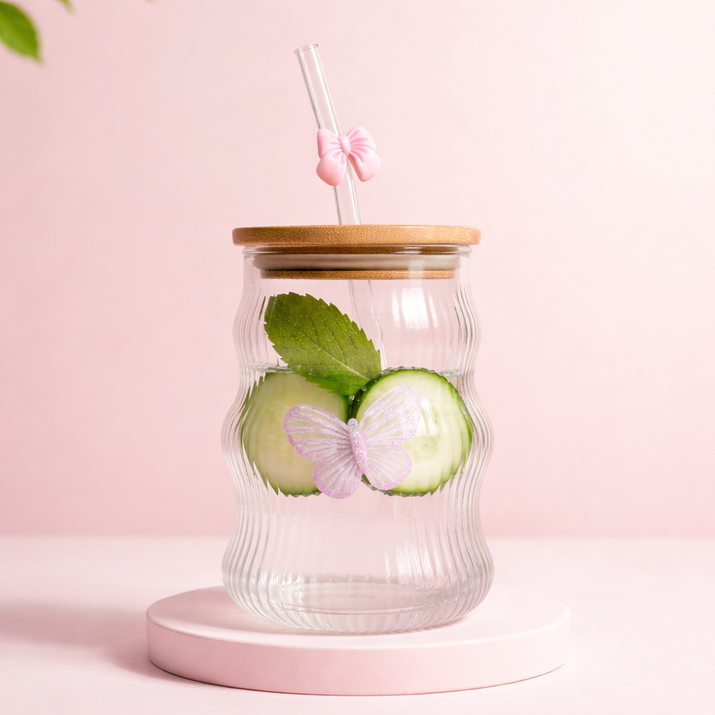 Mason Jar Butterfly Glass Cup – Bamboo Lid & Reusable Straw