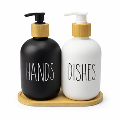 Soap Dispenser Set with Bamboo Tray | Hand & Dish Soap Bottles | Black & White Kitchen Sink Set