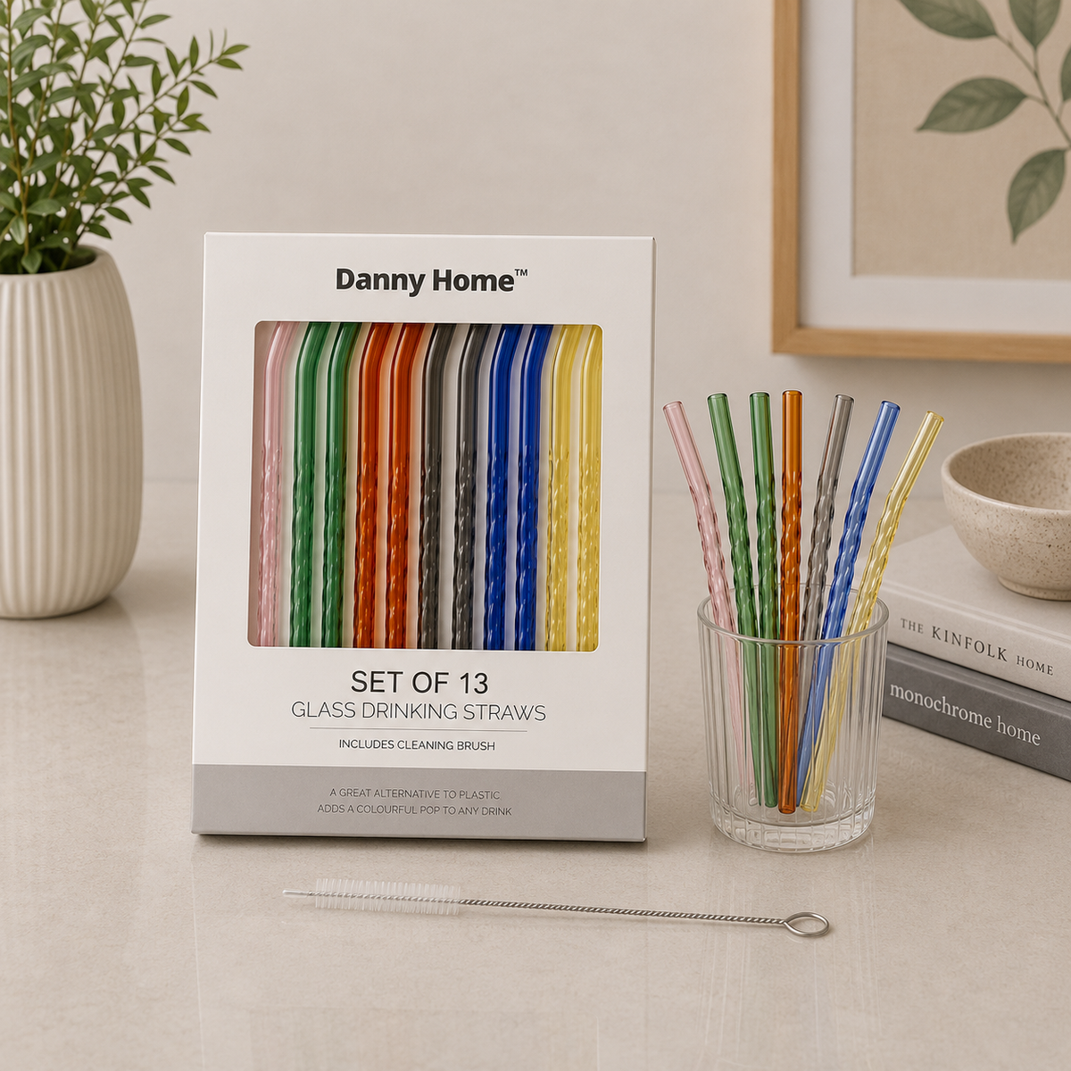 Danny Home 13Pcs Glass Drinking Straw Set – 20cm (Bent Straws)