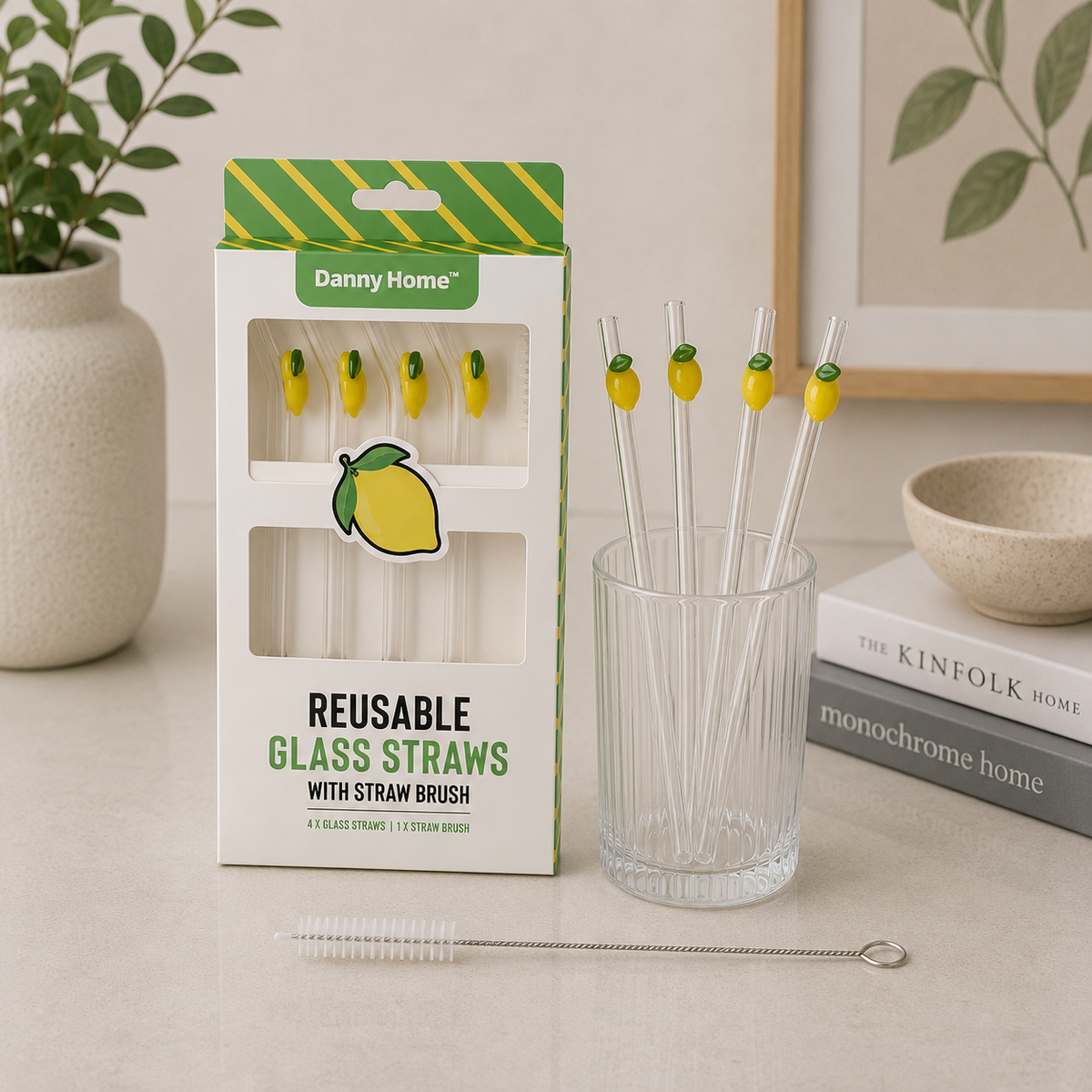 Danny Home 5Pcs Glass Straw Set with Lemon Decoration – 20cm