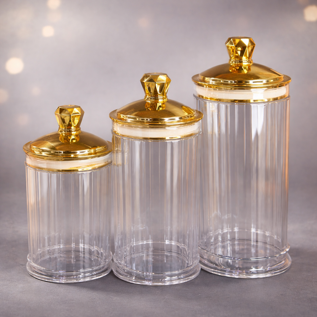 3-Piece Luxury Acrylic Storage Jar Set with Gold Lid | Multipurpose Kitchen & Home Organizer