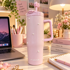 Pearl Stripe Insulated Tumbler with Handle & Straw