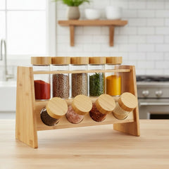 9 Pcs Spice Set – Glass Jars with Wooden Stand