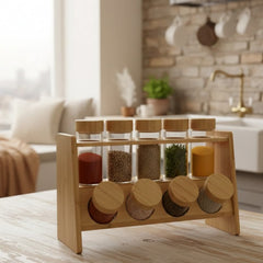 9 Pcs Spice Set – Glass Jars with Wooden Stand