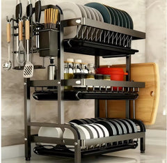 Metallic 3-Tier Dish & Plate Rack with Cutlery Holder – Heavy Duty Kitchen Organizer