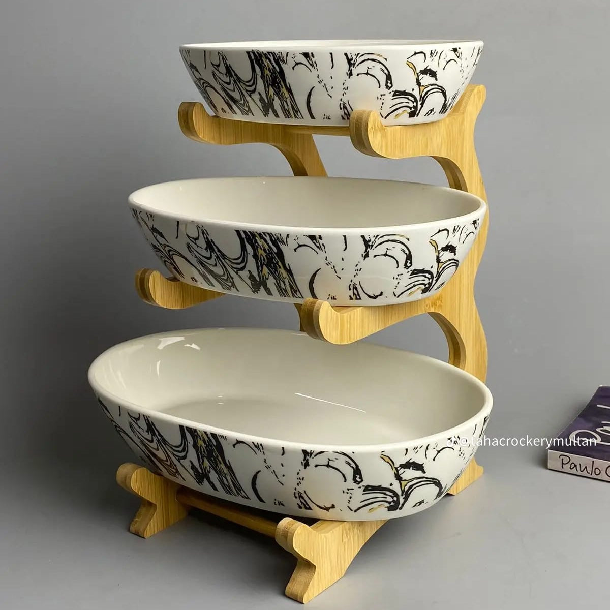 3-Tier Ceramic Serving Platter with Wooden Stand – Elegant Snack & Dessert Display
