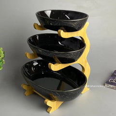 3-Tier Ceramic Serving Platter with Wooden Stand – Elegant Snack & Dessert Display