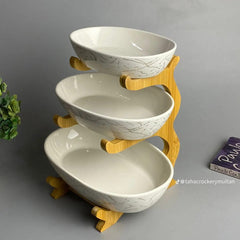 3-Tier Ceramic Serving Platter with Wooden Stand – Elegant Snack & Dessert Display