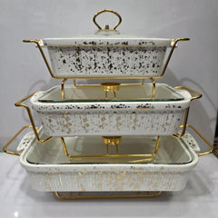 3 Pieces Luxury Ceramic Buffet Serving Dishes Set with Gold Stand & Glass Lid