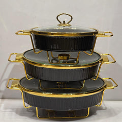 3 Pieces Luxury Ceramic Buffet Serving Dishes Set with Gold Stand & Glass Lid